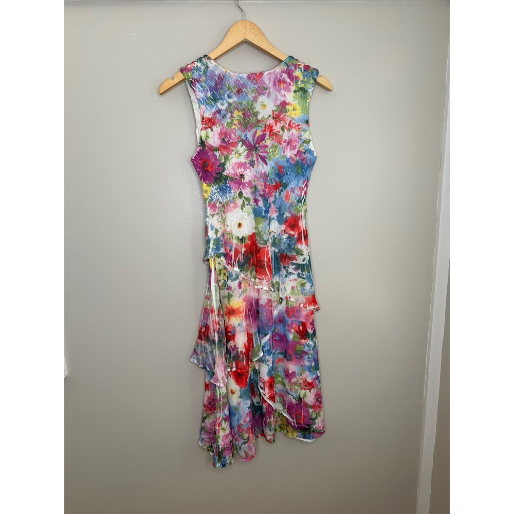 Komarov Floral Dress Watercolor Crinkle‎ Print Sleeveless Tiered Midi Women's S - Picture 9 of 10